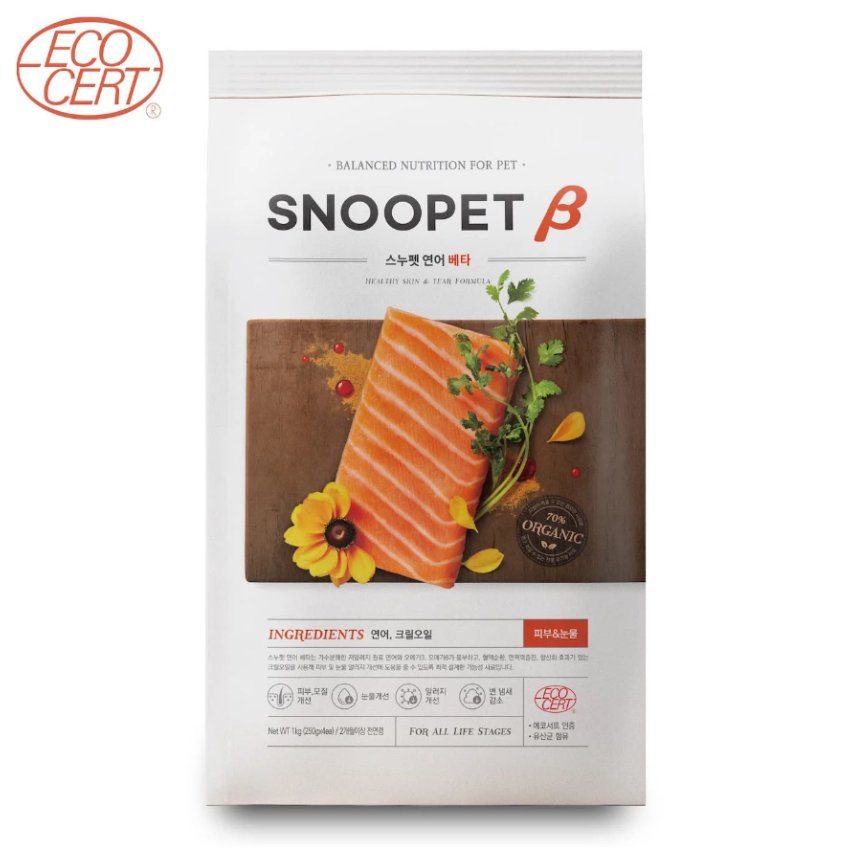 SNOOPET β – 鮮三文魚、磷蝦油、蔬菜 (淚痕及皮膚護理有機全犬配方)